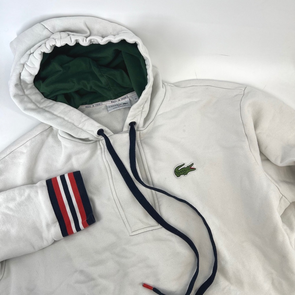 Lacoste Mens XL Hoodie White Made in France Striped Cuffs Green Hood F72547